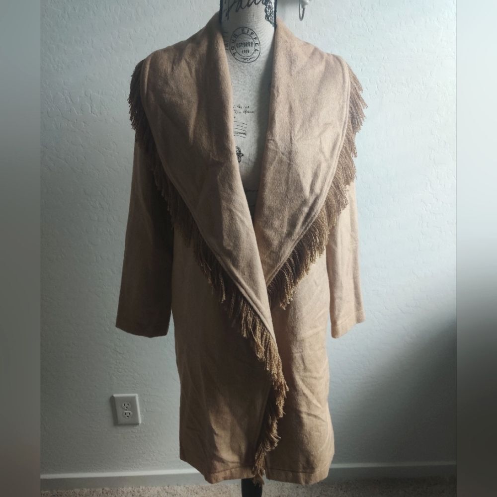 🆕 BB Dakota Steve Madden Beige Tan Suede Western Fringed Trenchcoat Jacket_XS
